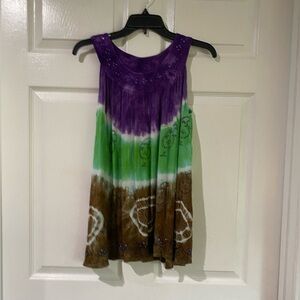 Just Cruising Tie Dye Floral Flowy Swing Tank Top Beaded Free Size Beach 90s
